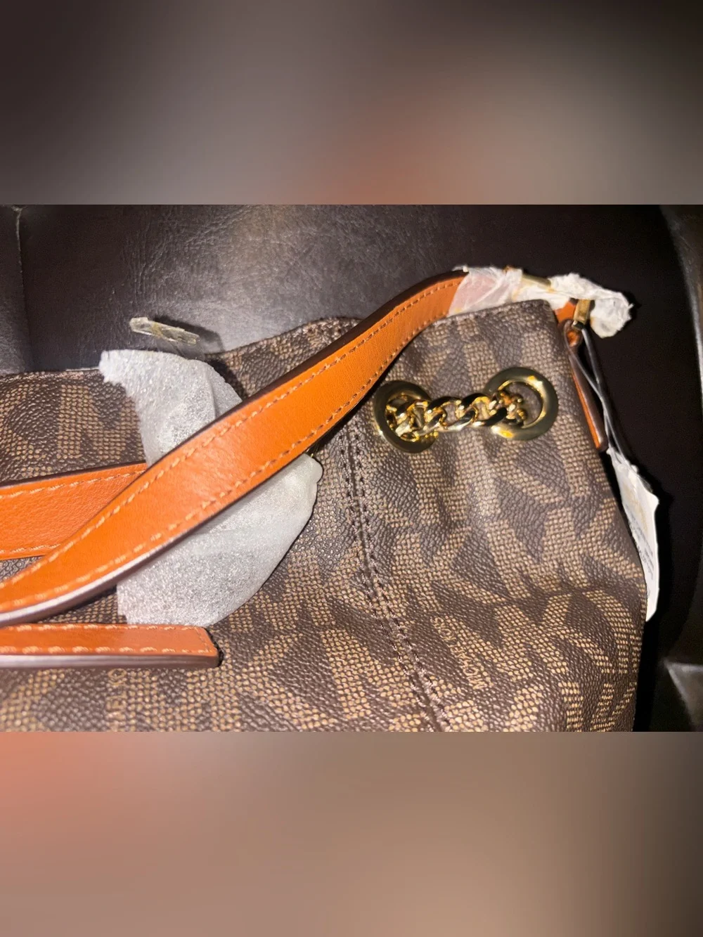 Michael Kors Brown MK Monogram Tote with Orange Straps